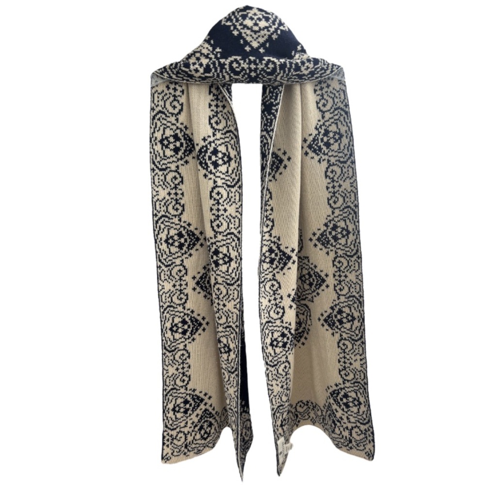 Vintage Knit Scarf Fair Isle Pattern Ornate Print Winter Design Navy Cream Beige - Picture 4 of 13